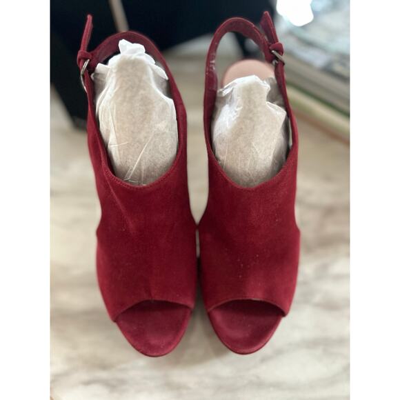 Miu Miu Red Burgundy Suede Platform Peep Toe Heeled Sandal - Picture 7 of 11